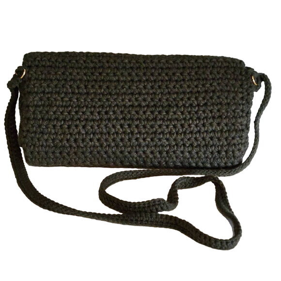 Hand Knit Green Crocheted Crossbody Purse with Floral Rosette Flap Closure - Picture 2 of 8